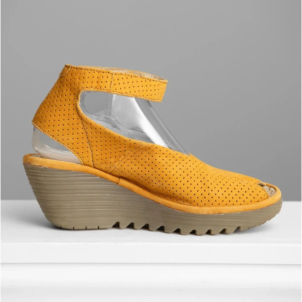 Fly London Yala Yellow Perforated Leather Wedge Sandals Eclectic Artsy Festival